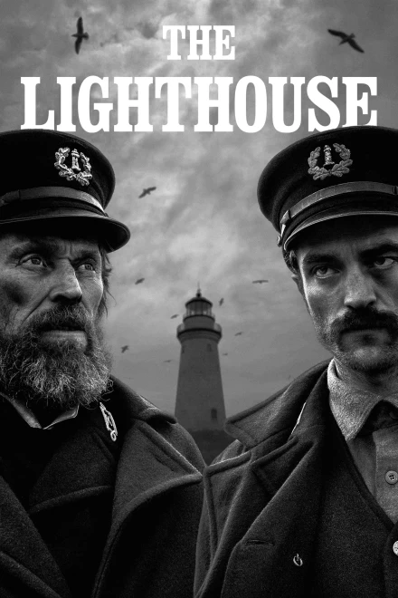 Robert Pattinson and Willem Dafoe in The Lighthouse (2019), standing beside the isolated lighthouse